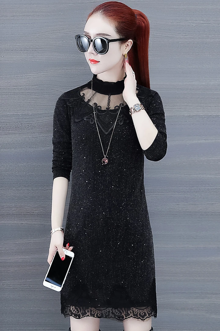 蕾丝网纱内搭加绒加厚打底女长袖显瘦洋气连衣裙中长款配大衣风衣