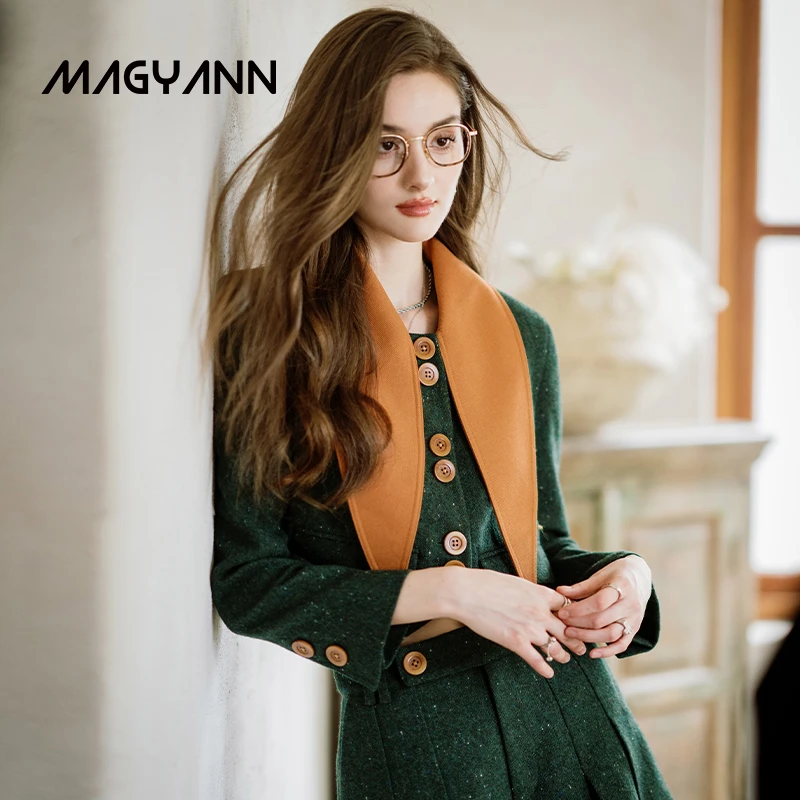 Magyann/昧宴【日落森林】兔耳朵短外套-墨绿拼黄