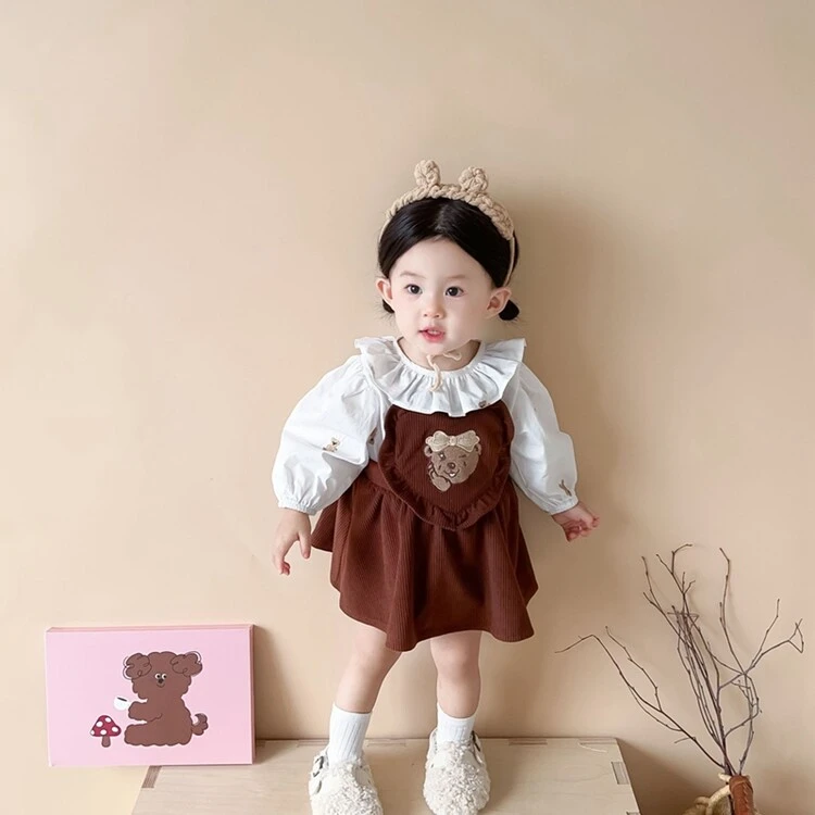 女童连衣裙套装ins秋季宝宝韩版卡通花边领上衣可爱背带裙两件套