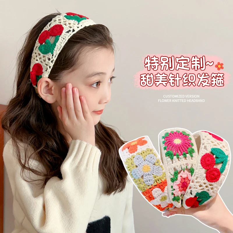 儿童针织刺绣毛线花朵发箍女孩整理碎发神器女童宽边头箍刘海发卡