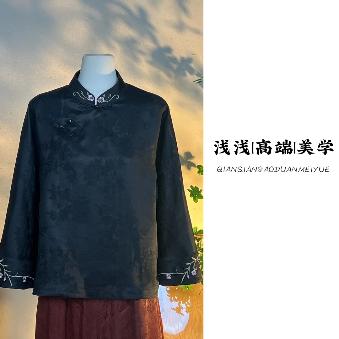 『洛清』中式复古中国风上衣气质春夏长袖立领拼接斜襟衬衫