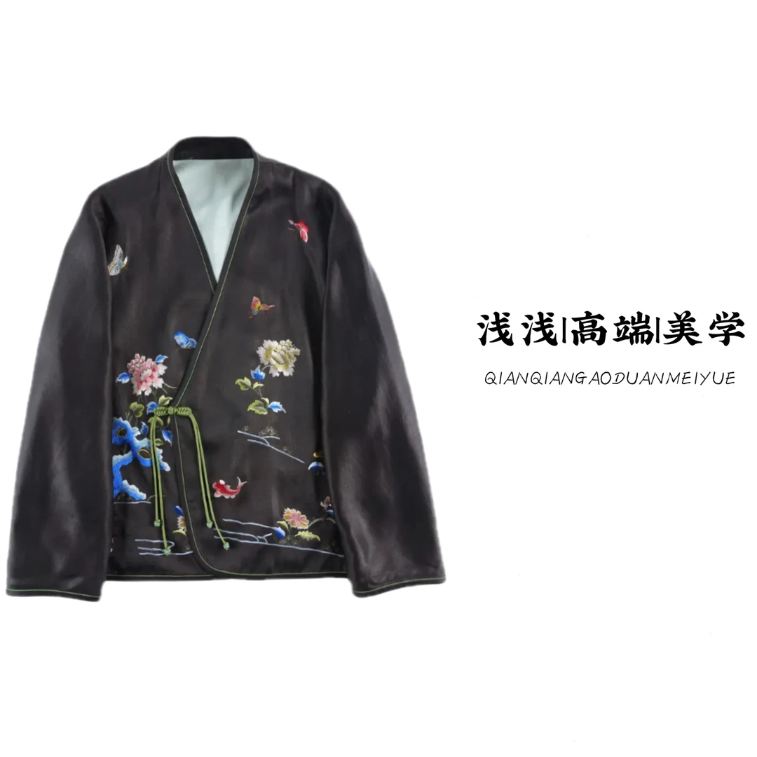 『黑色外套』刺绣设计感中式显瘦气质时尚汉式交叠领休闲外套