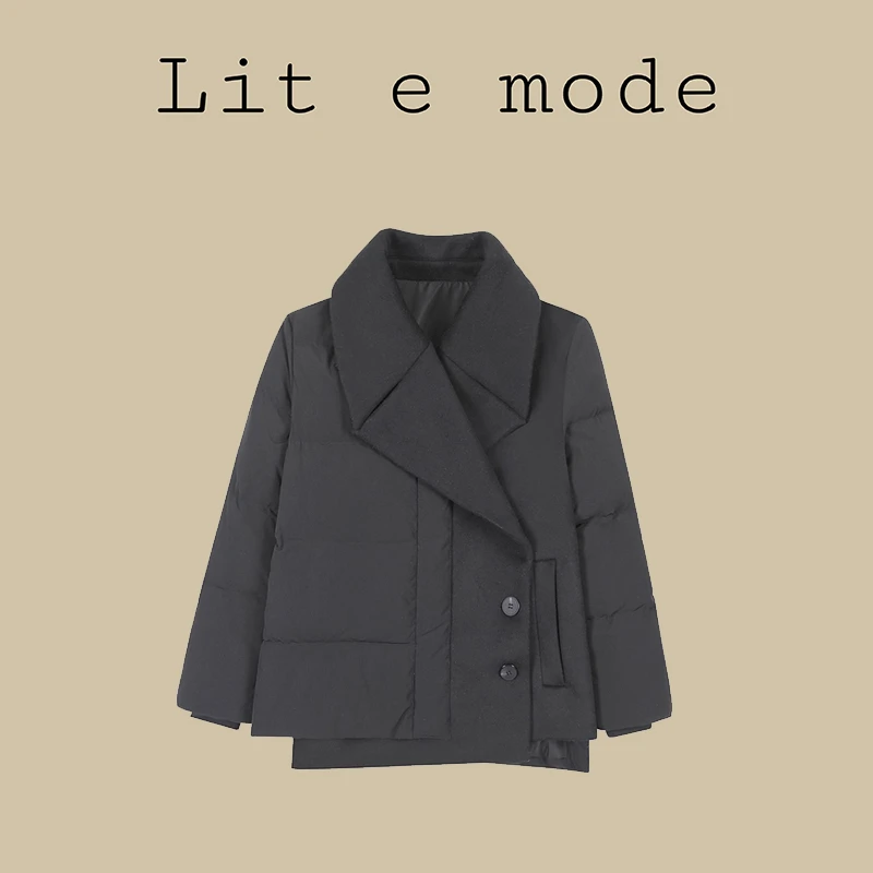 Lit e mode毛呢拼接黑色羽绒服女小众冬新款小个子冬季外套A1220