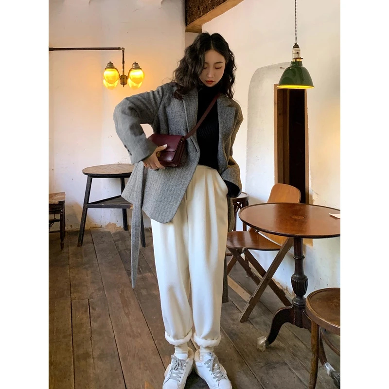 Lit e mode白色哈伦毛呢裤女冬加厚宽松垂感萝卜裤休闲长裤A1225