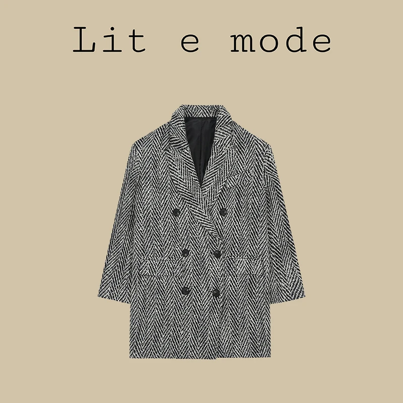 Lit e mode高级感羊毛呢西装外套女小个子人字纹大衣长款冬A1154