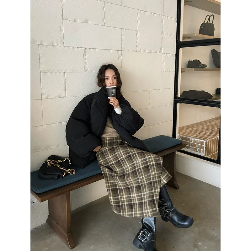 任小艺 12/10 苏格兰纹定制皮扣一片式格子半身裙秋冬毛呢裙