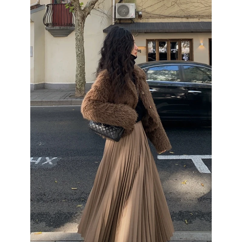 Lit e mode 复古高腰百褶半身裙女中长款秋冬百搭显瘦a字长裙