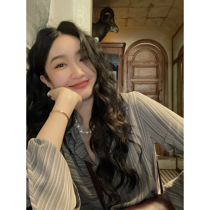 Lit e mode法式复古喇叭袖条纹衬衫女小众新款别致独特上衣A1288