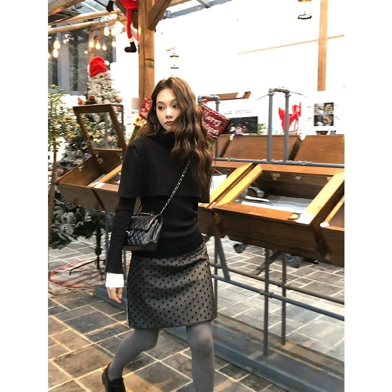 任小艺 12/10  定制植绒波点50羊毛呢混纺短款半身裙女秋冬