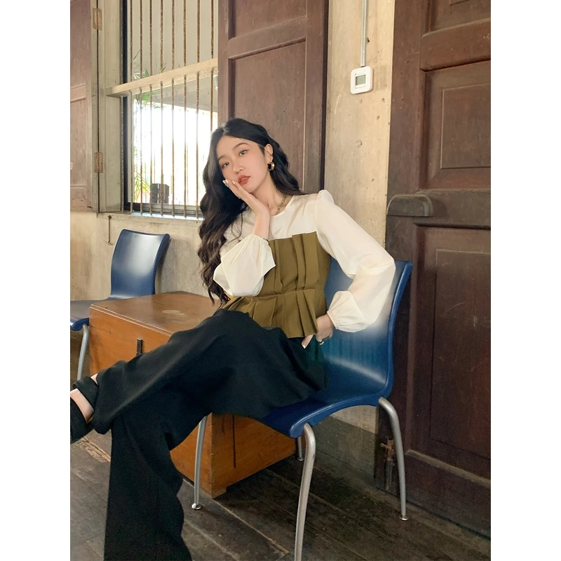 Lit e mode假两件拼接衬衫腰封压褶衫小个子短款收腰上衣A1555
