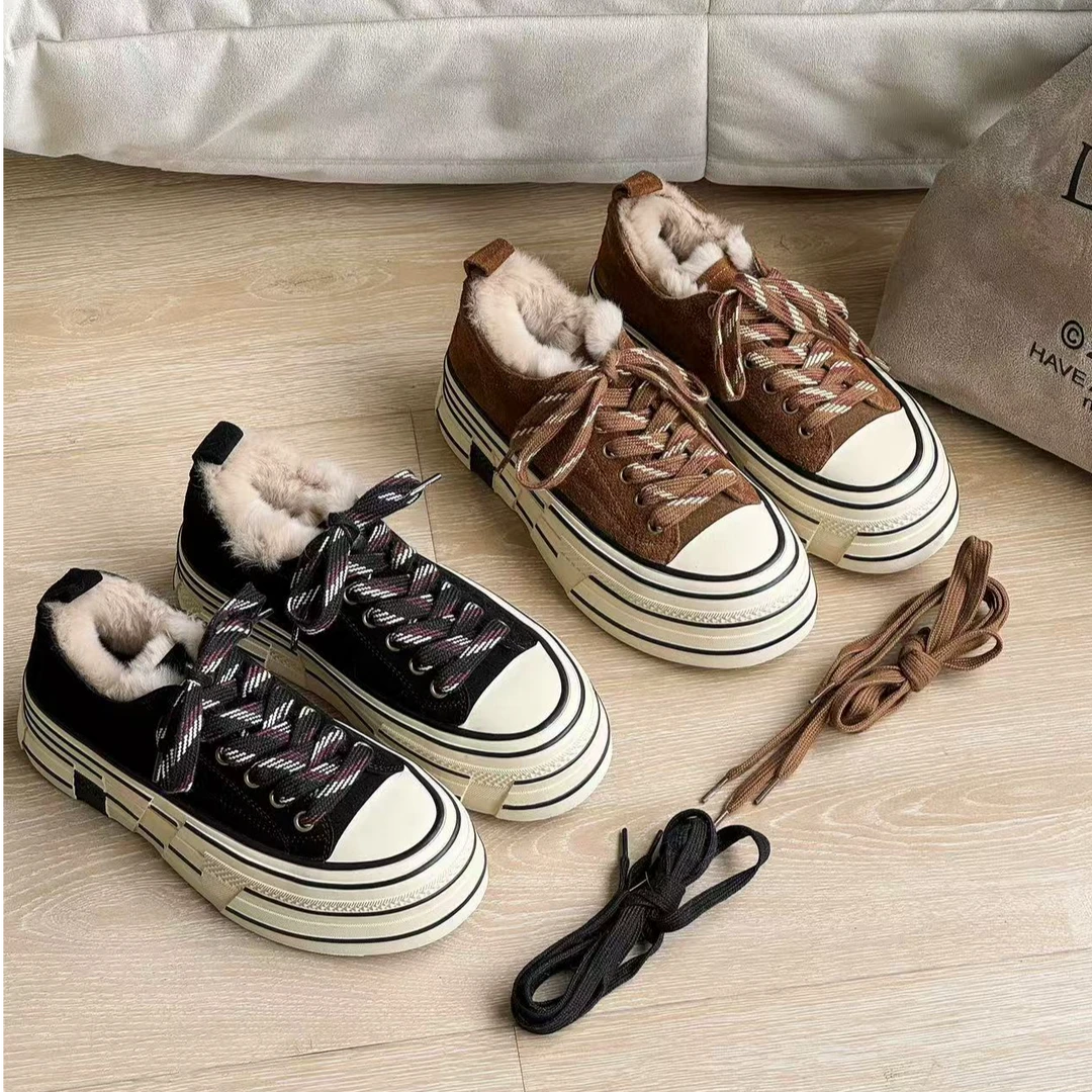 欧洲站欧货加绒女鞋2024年冬季新款真皮兔毛厚底休闲板鞋10100