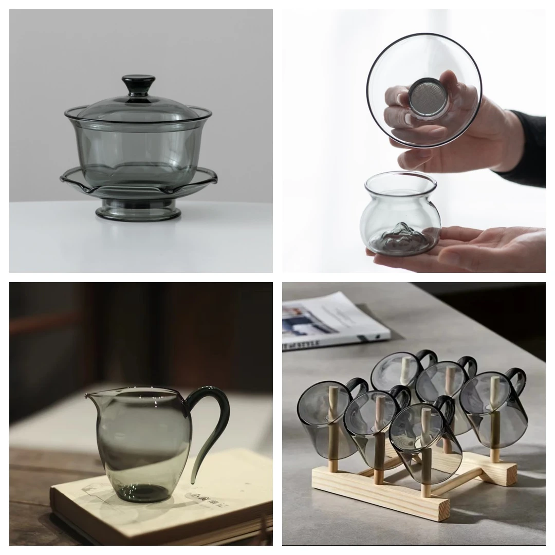 功夫茶具茶海盖碗烟灰色家用公道杯玻璃茶杯茶漏玻璃盖碗玻璃盖碗