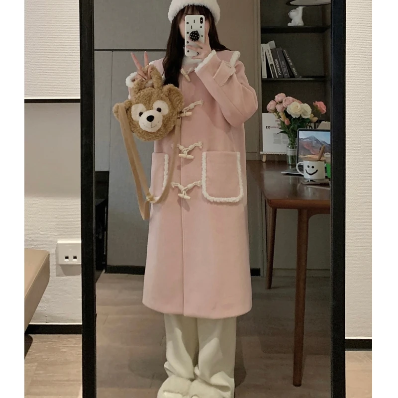 【24166】毛毛娃娃领牛角扣中长款毛呢外套女