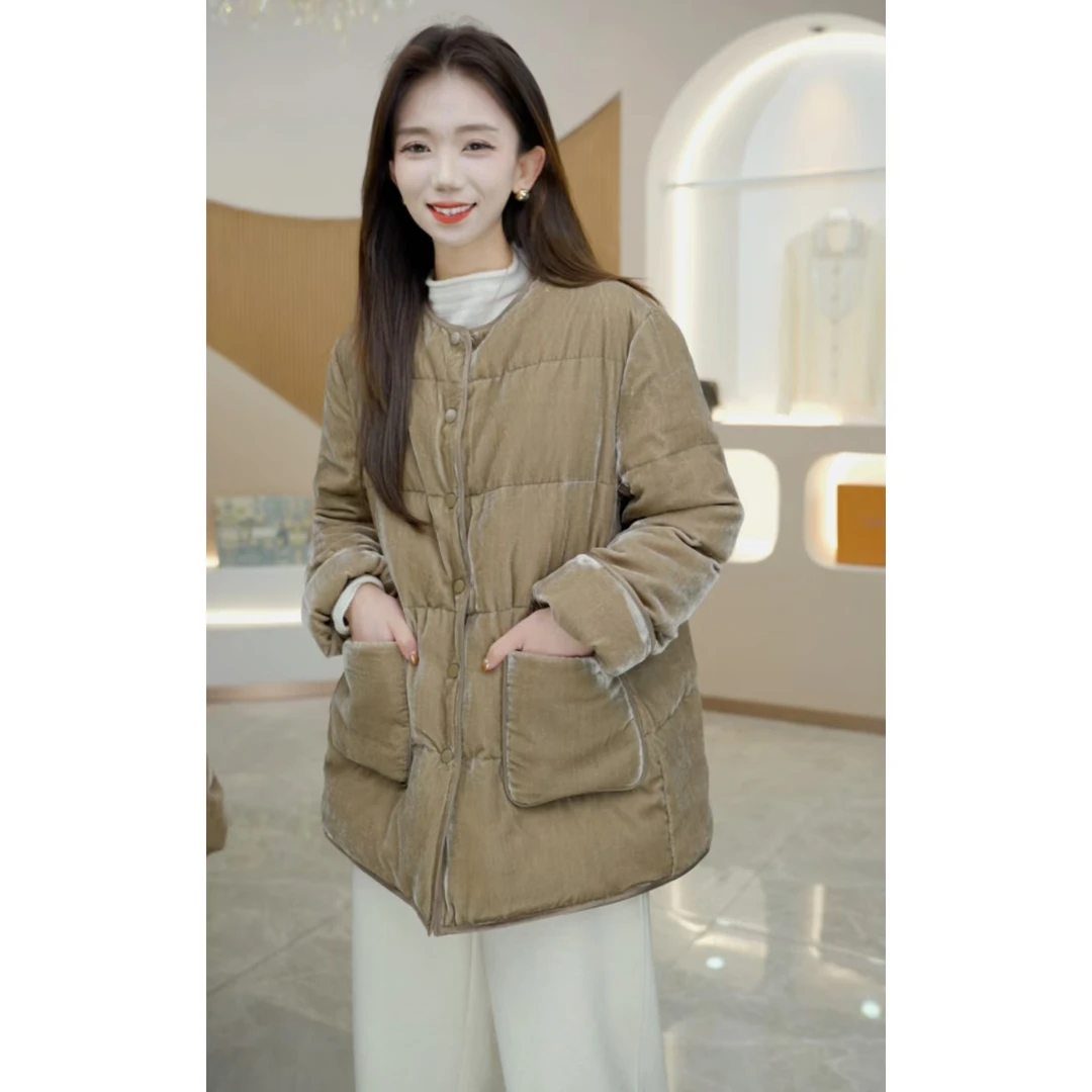 R H 【真丝丝绒】2024秋冬时尚显瘦设计师白鹅绒保暖羽绒服H634015