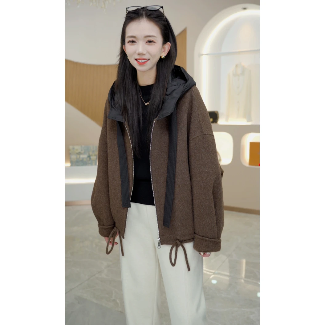 R H 【摩卡】复古时尚羊毛拼接连帽羽绒冬季设计师款24023