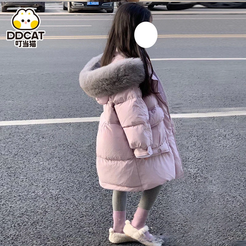 女童洋气大毛领连帽棉服韩版冬季儿童中长款衣秋冬款加厚保暖外套