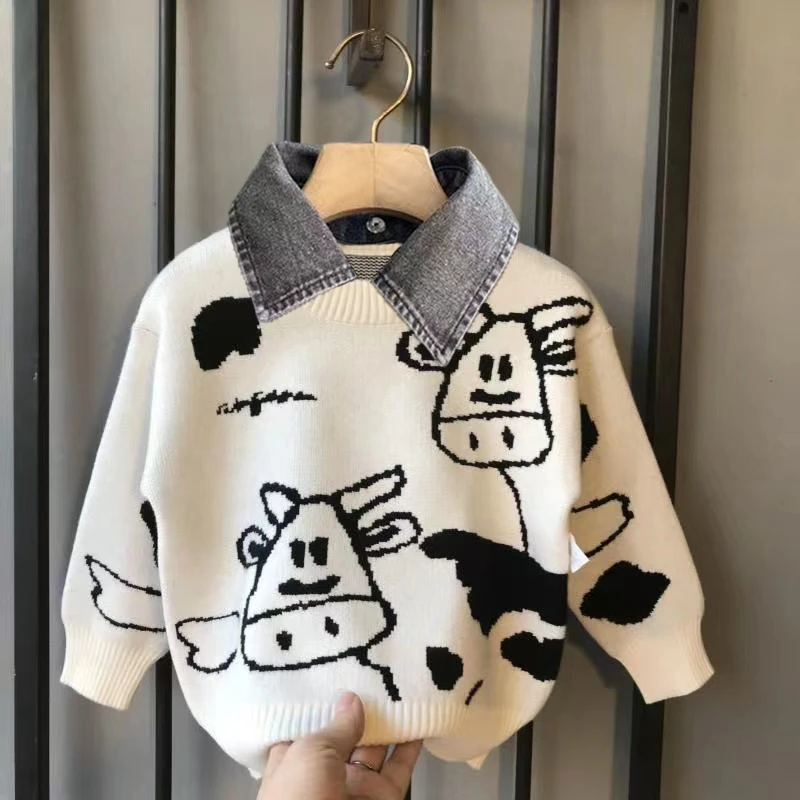 童装男童毛衣牛仔领2023新款冬季保暖加厚针织衫中大童套头打底衫