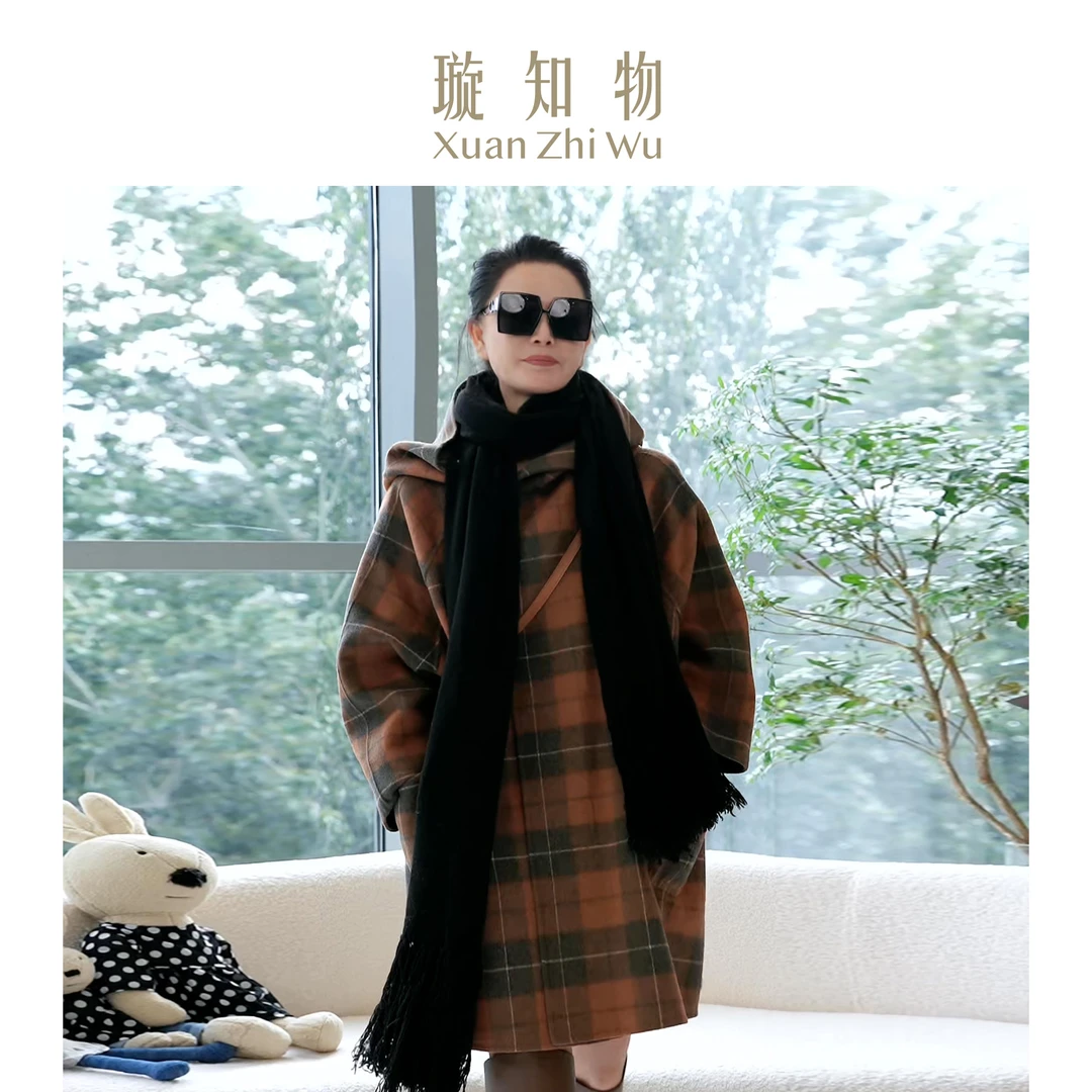 璇知物「Xuan」风采帽大衣 咖色格子秋冬连帽毛呢外套.王璇原创