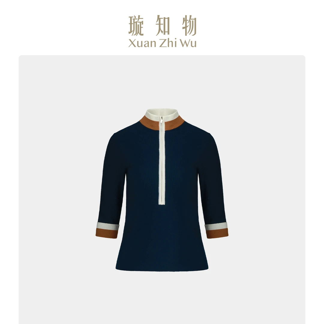 璇知物[八佰惠] 绵羊毛1OO夜蓝色兰亭序曲长袖针织衫王璇原创设计