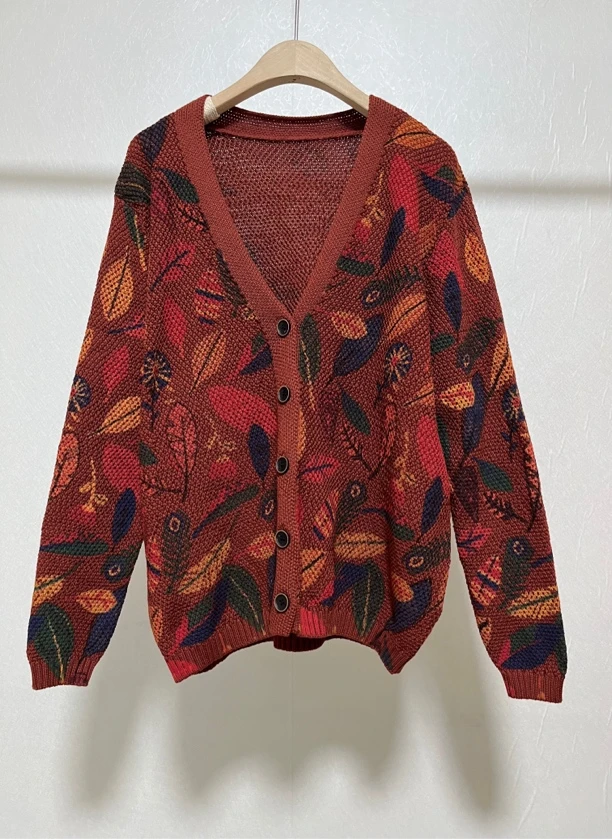 【鑫钰】秋冬复古时尚印花设计感长袖棉线碎花开衫女