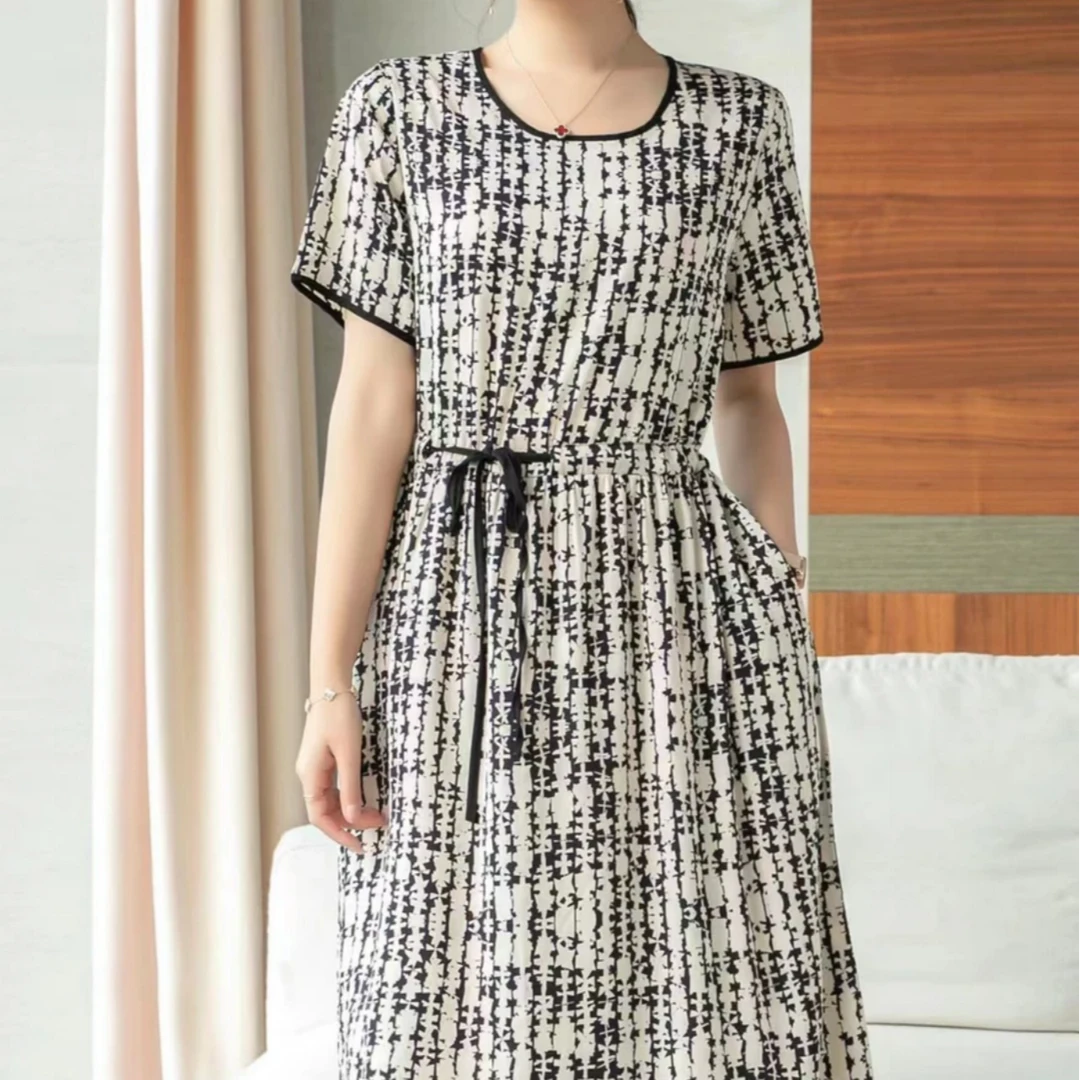 白条纹长裙气质修身时尚休闲夏季高端大码妈妈装连衣裙宽松连衣裙