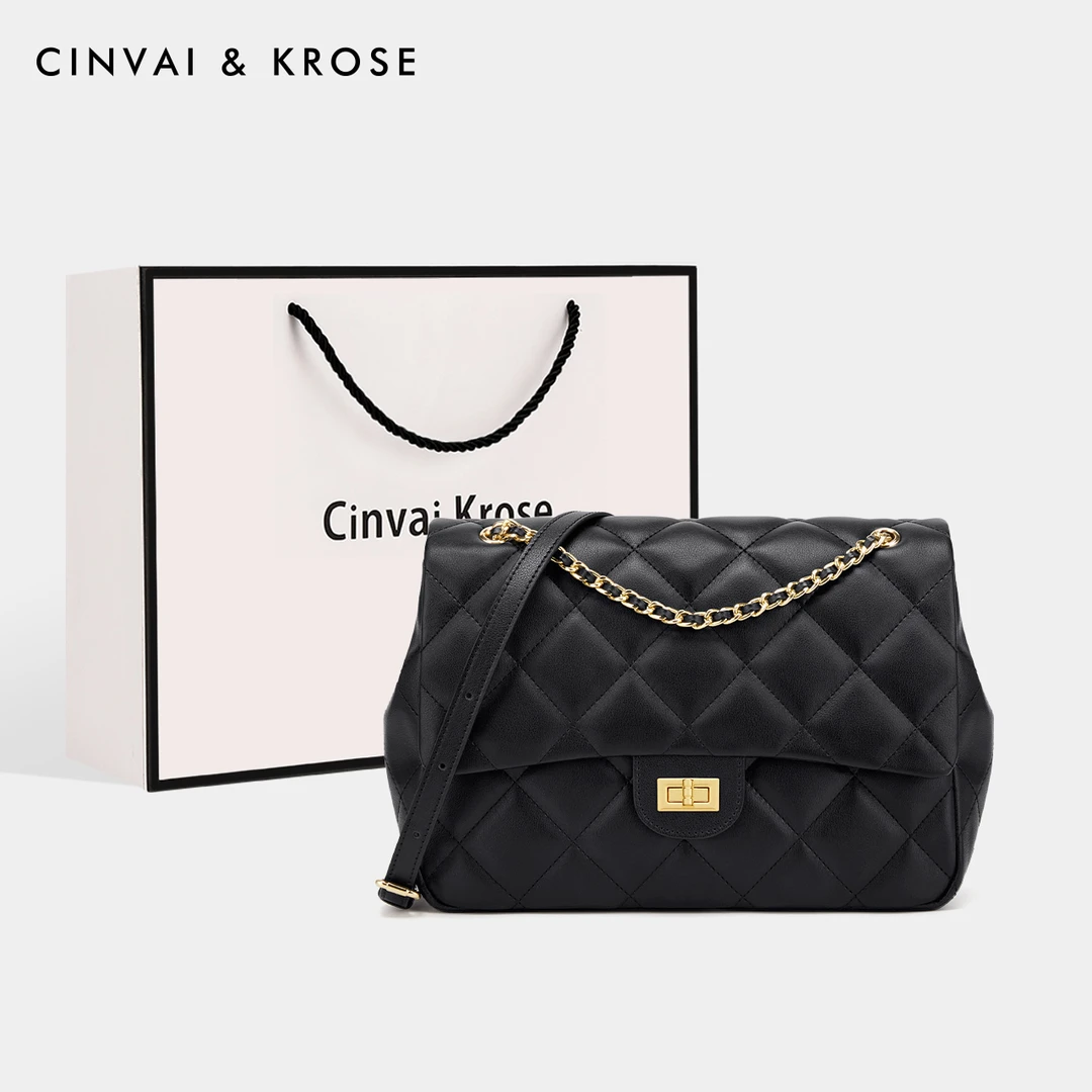 【CinvaiKrose官方正品】时尚菱格链条包经典真皮方胖子小众绣线