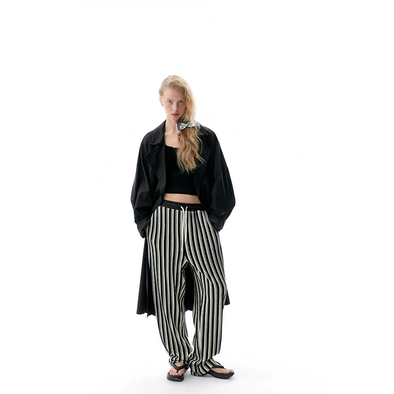 Loala office 小众黑白条纹拼皮老爹裤女 休闲宽松阔腿裤
