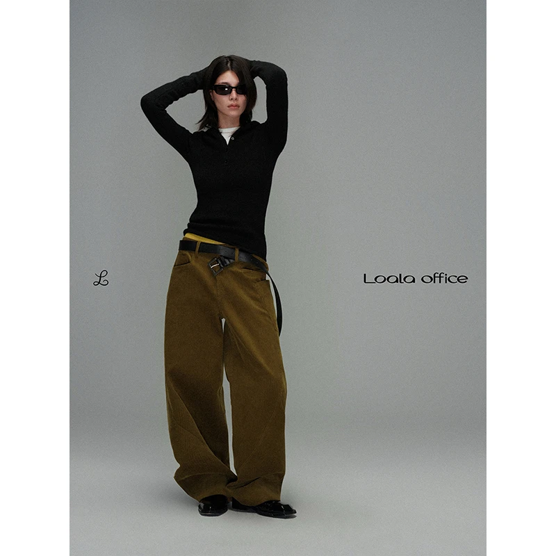 Loala office 重磅加绒复古灯芯绒阔腿裤
