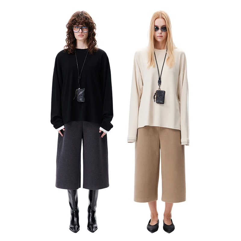 Loala office 袖口撞色假两件双面棉长袖T恤