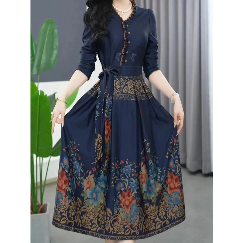 时尚长袖连衣裙女2026春季新款气质系带显瘦木耳边拼接中长款裙子