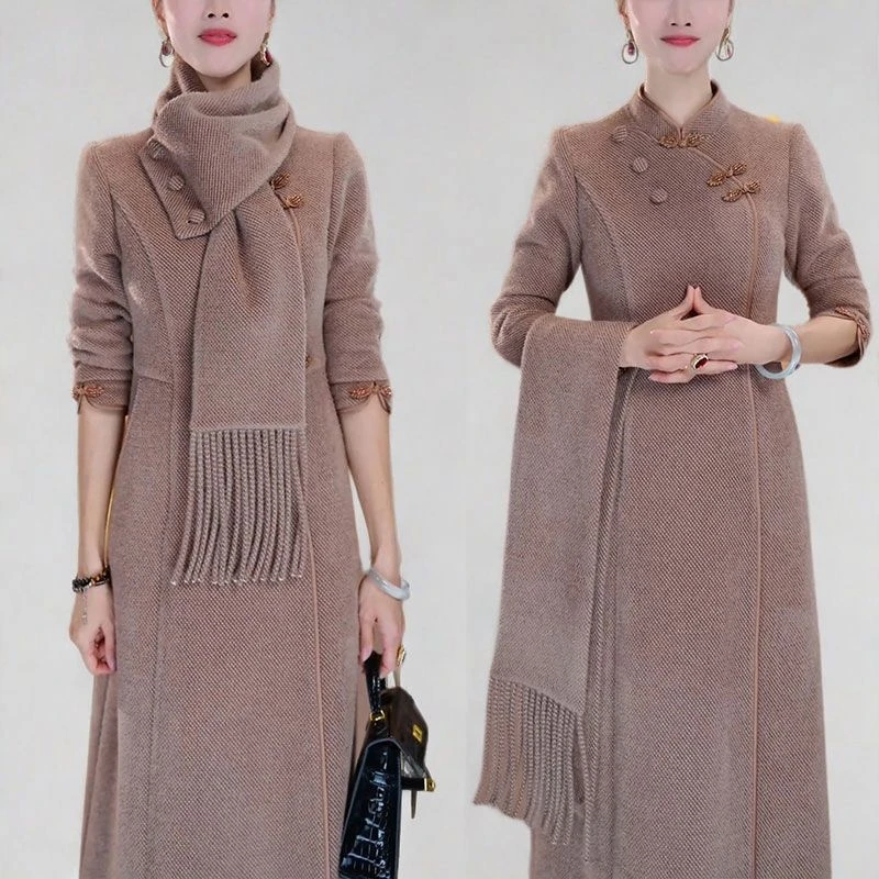 2025秋冬新款设计感新中式旗袍裙气质修身显瘦保暖百搭围巾连衣裙