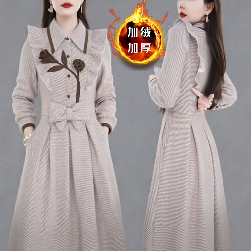 2025冬季新款时尚长袖连衣裙女洋气设计感中长款加绒加厚打底裙子