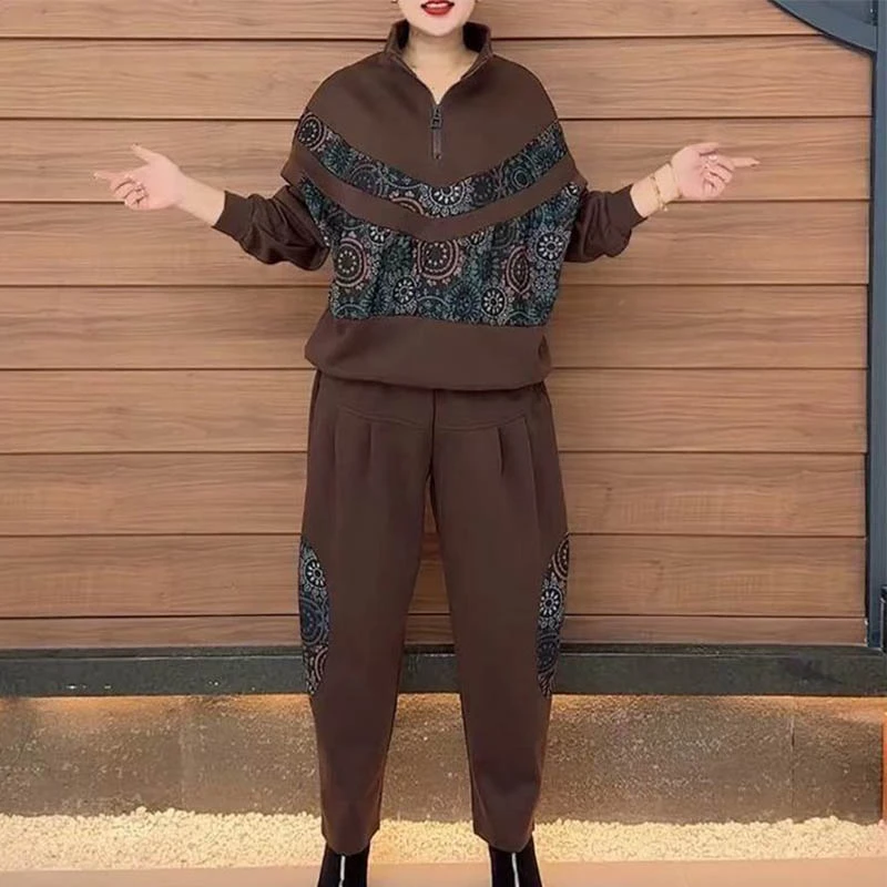 2025秋季新款时尚大码宽松显瘦拼色长袖上衣哈伦裤休闲两件套装女