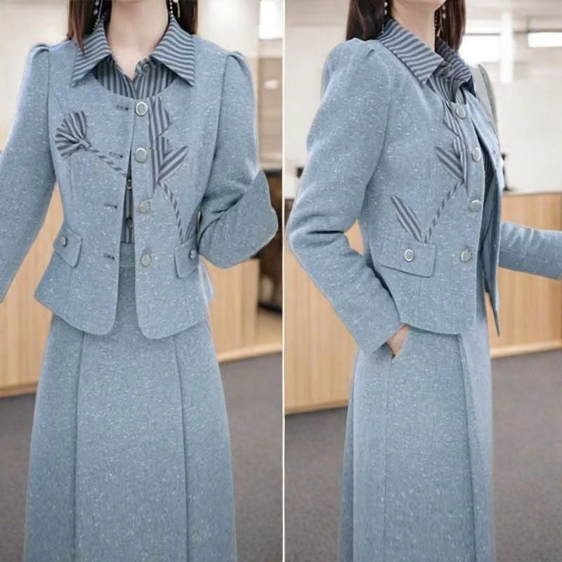 2026年春季新款时尚休闲套装裙女小香风外套条纹拼接连衣裙两件套