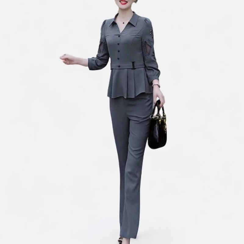 2025秋季新款大码时尚套装女气质显瘦设计感镂空上衣裤子两件套潮