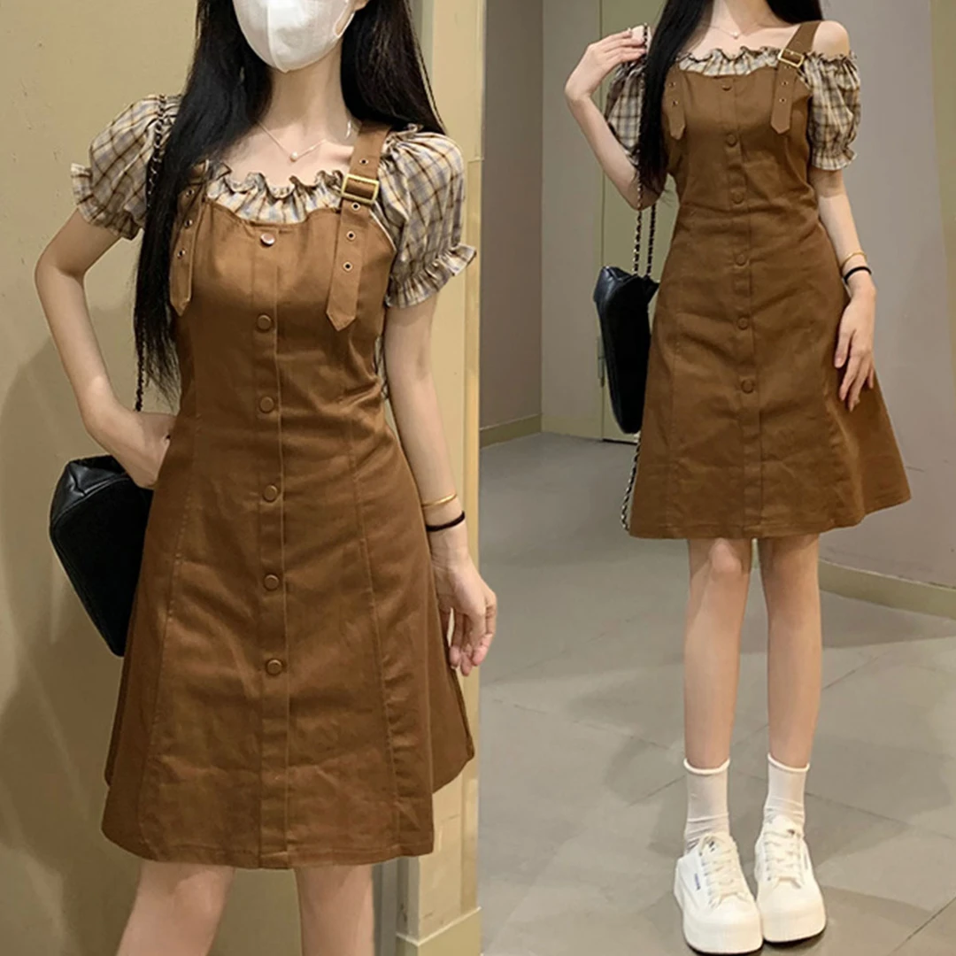 小个子短袖连衣裙女夏季格子拼接假两件气质复古收腰中长款休闲裙
