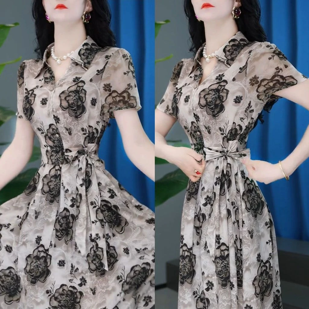 2025夏季新款时尚短袖连衣裙女气质系带收腰显瘦中长印花减龄裙子