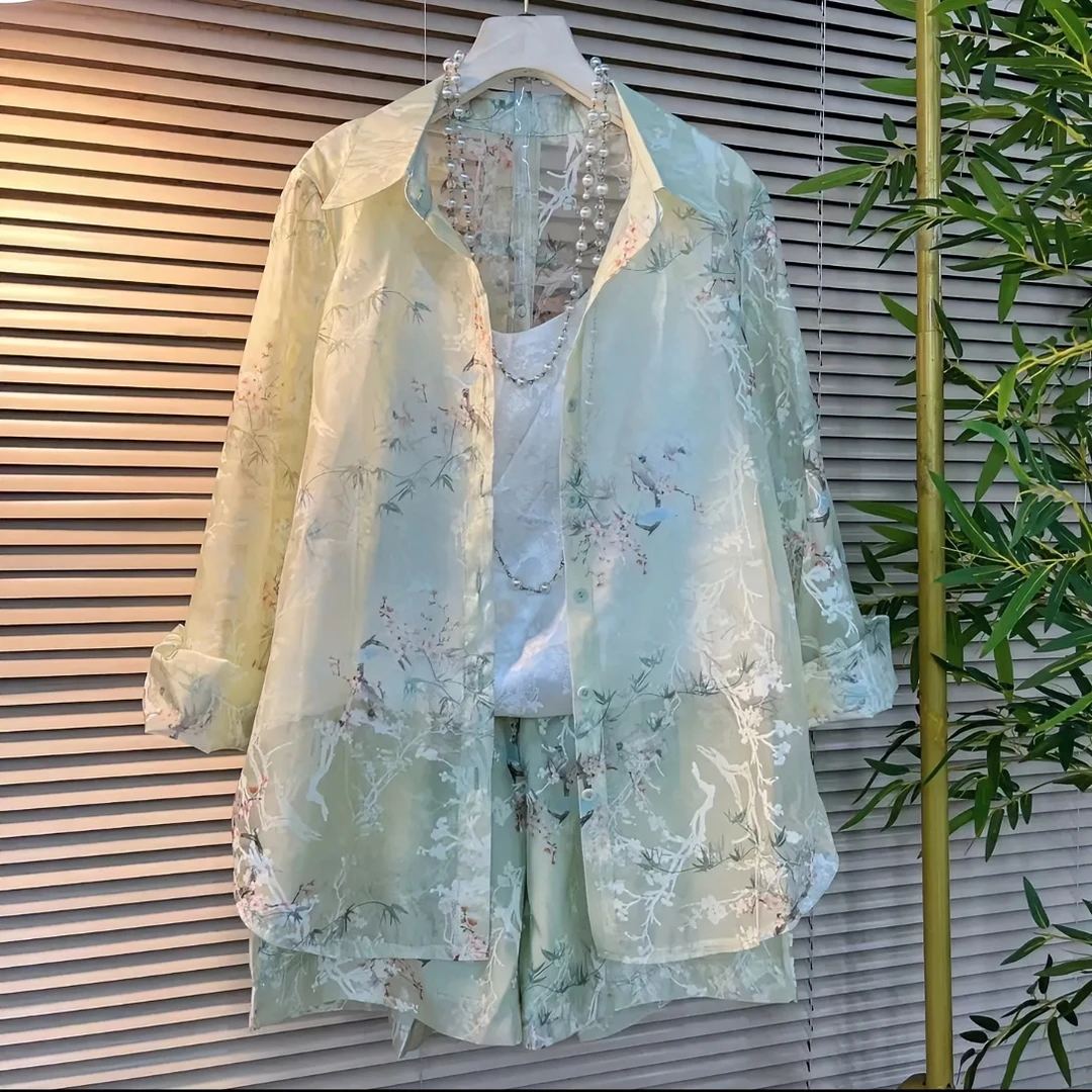 2025夏季新款时尚新中式国风薄款防晒印花衬衫上衣短裤两件套装女