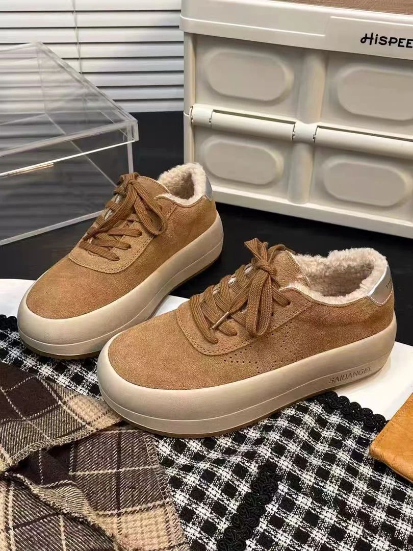 JS2024冬季新款真皮厚底做旧脏脏鞋百搭休闲加绒保暖搭子板鞋时尚