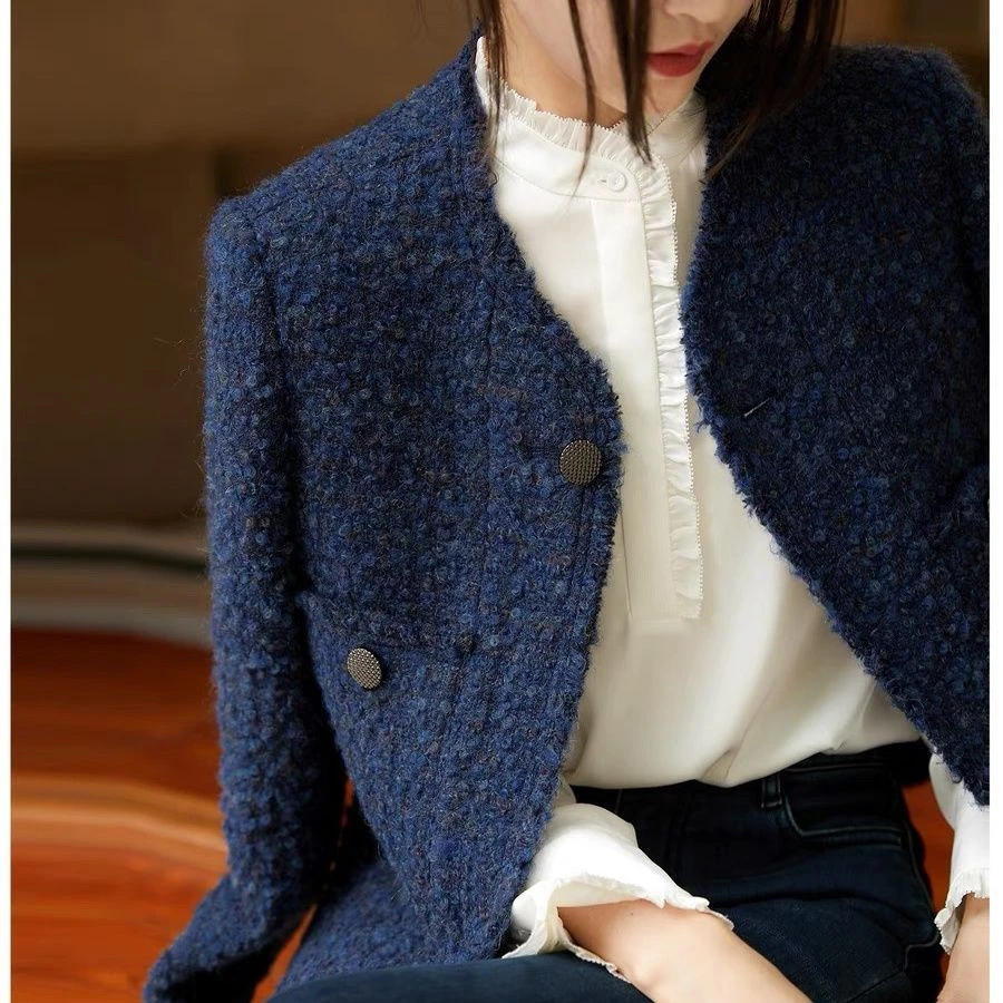 2023秋冬新款中古风粗花呢B入定制马海毛圈圈纱羊毛小香短外套