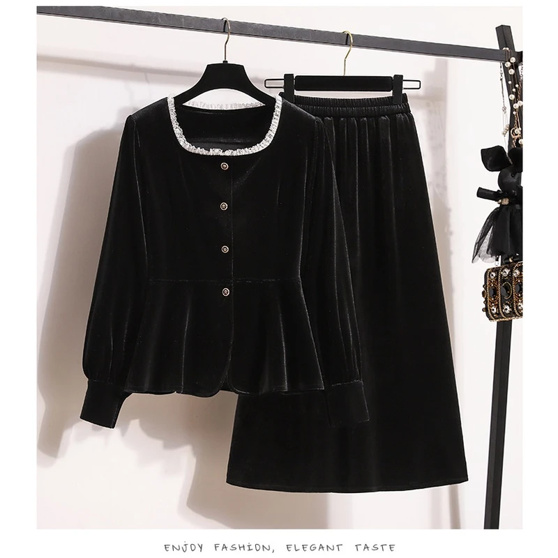 方领长袖金丝绒蕾丝拼接上衣金丝绒黑色松紧腰半身裙时尚套装新款