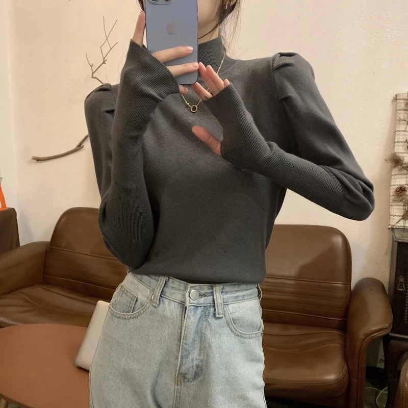 秋冬韩版半高领内搭泡泡袖设计感厚针织衫简约打底上衣2023新款