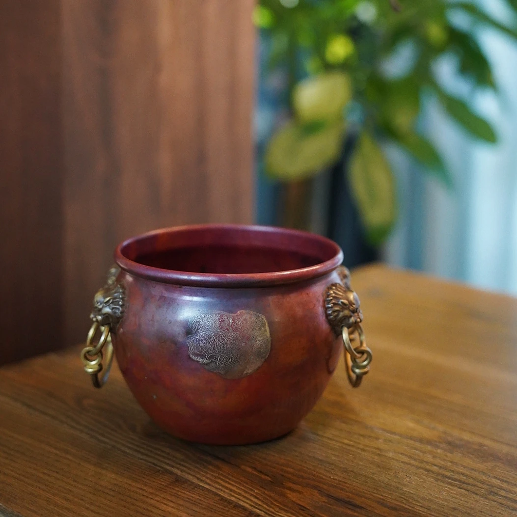 【遇见】紫铜狮子双耳建水  茶渣缸茶洗茶道配件大号中式大容量1.5L