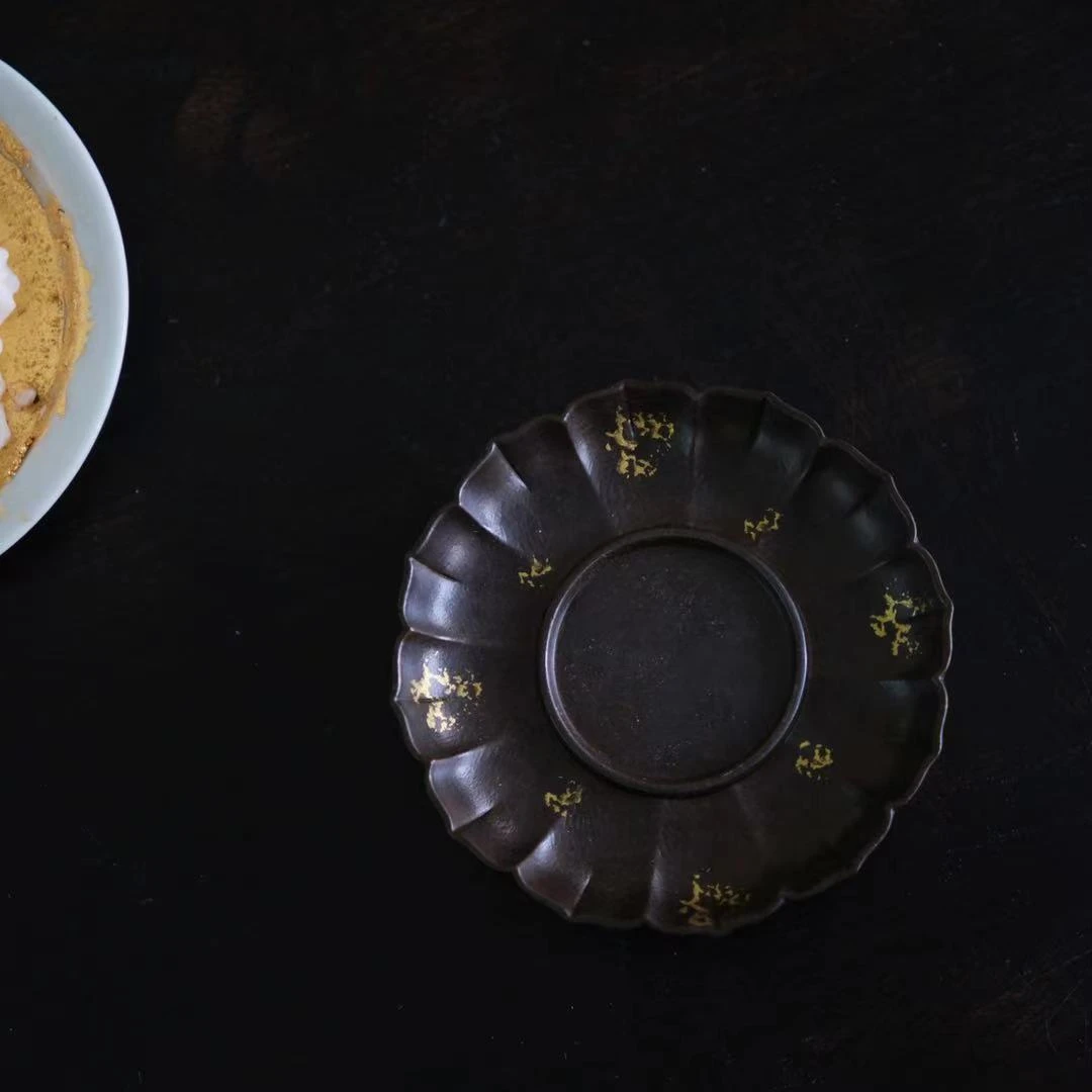【遇见】莲花铜托-咖色洒金 杯垫防烫隔热点金杯托壶托茶具配件