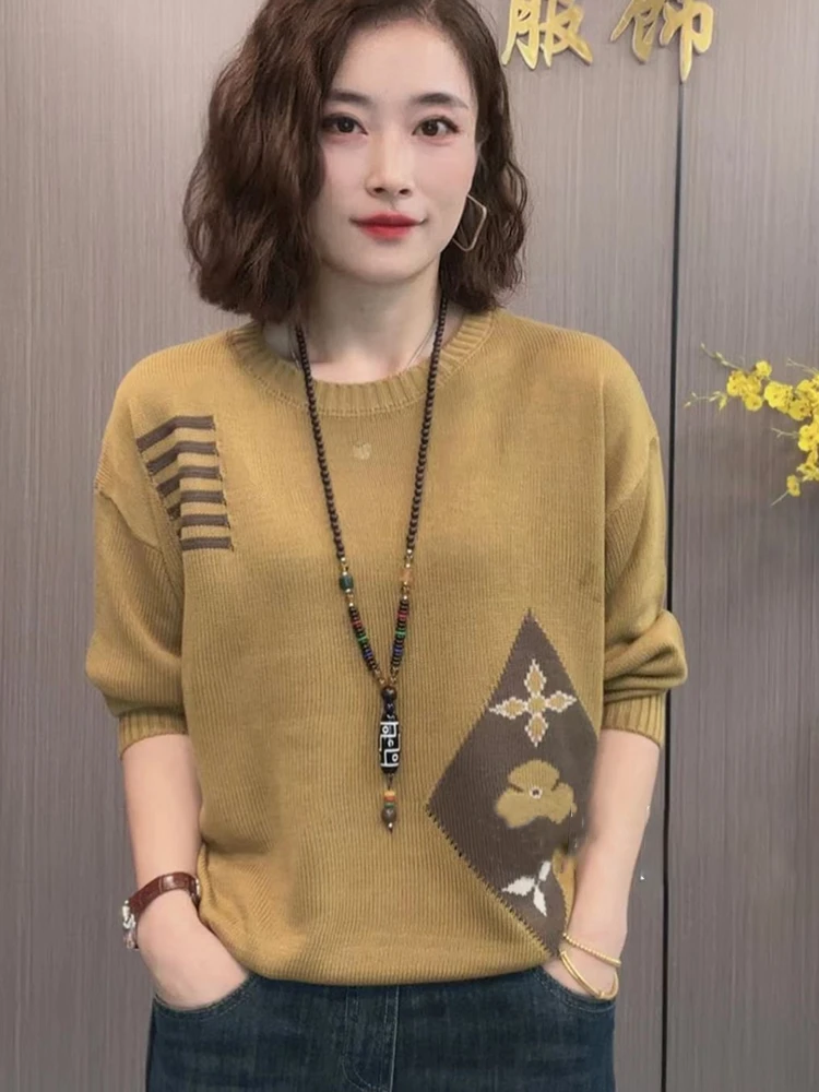大码提花套头圆领针织衫女装上衣毛衣时尚百搭宽松秋冬显瘦长袖