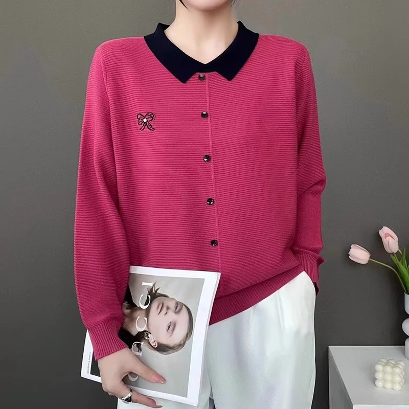 Polo领洋气打底针织上衣女宽松遮肚【80-200斤】秋冬撞色刺绣毛衣