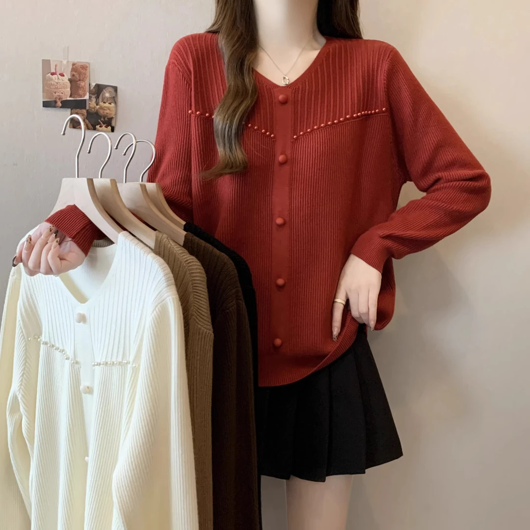 【80-200斤】V领针织上衣宽松显瘦钉珠女秋冬洋气减龄打底衫毛衣