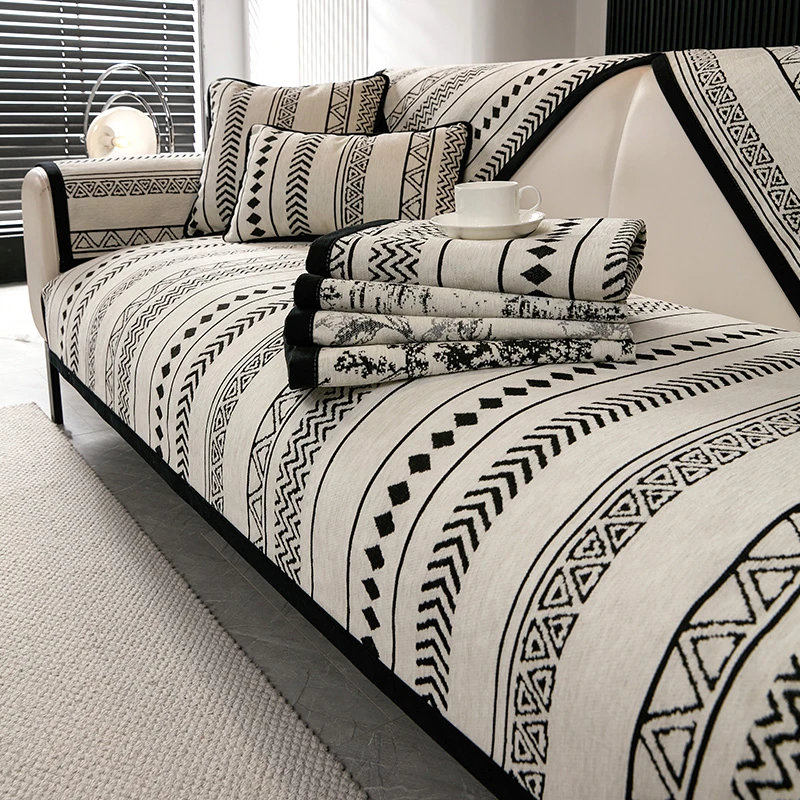 沙发垫四季通用雪尼尔防滑高档简约轻奢黑白直排按盖布沙发套罩巾
