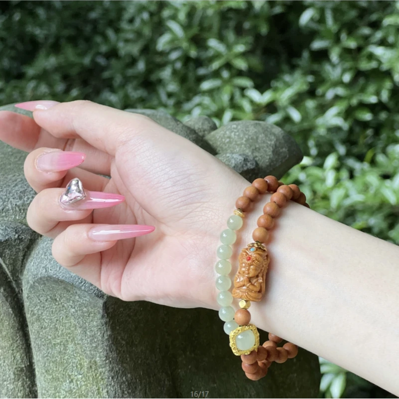 【奔富向銭】扎基 新中式国风双圈精雕雕刻檀木手串盘玩文玩原木