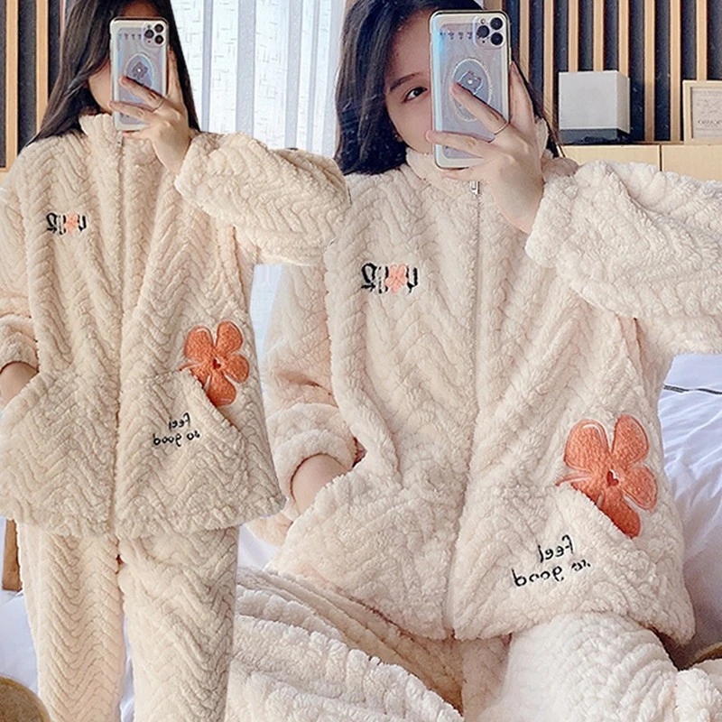 孕妇睡衣冬季加绒加厚10月份珊瑚绒月子服产后哺乳喂奶法兰绒套装